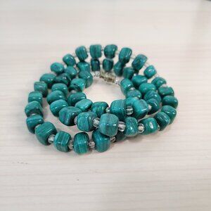 Antique Vintage Midcentury Malachite Polished Squared Bead Barrel Clasp Necklace